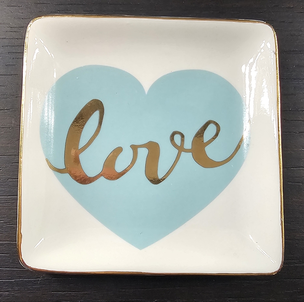 Gold and Blue Heart Jewelry Dish